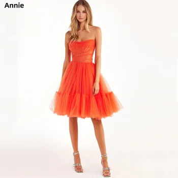 Annie Kırmızı Mercan Parti Elbiseler Straplez Tül Balo Vestido Coctel Mini Elbise فساتين للحفلات الراقصة