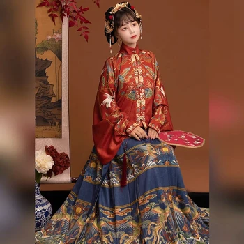Antik Hanfu Kadınlar İçin Bahar Ming Hanedanı Phoenix Baskı Pipa Şekli Kollu Kırmızı Üst Mavi At Yüz Etekler 2 ADET Tam Takım Elbise