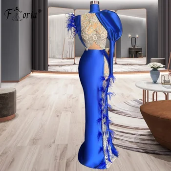 Arap Bir Omuz Kraliyet Mavi Abiye Kristal Tüyler Mermaid Balo Elbise Dubai Örgün Parti Törenlerinde Custom Made Vestidos