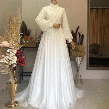 Arapça Müslüman Gelinlik Yüksek Boyun Dantel Aplike Evlilik gelin kıyafeti Fas Tam Kollu Bayan Resmi Kıyafetler Beyaz Fildişi