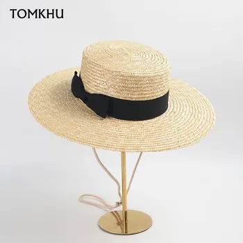 Avrupa Amerikan Moda Düz Üst Hasır hasır şapka kadın Yay Dekorasyon Düz Üst Geniş Ağızlı Hasır Şapka Tatil Plaj güneş şapkası