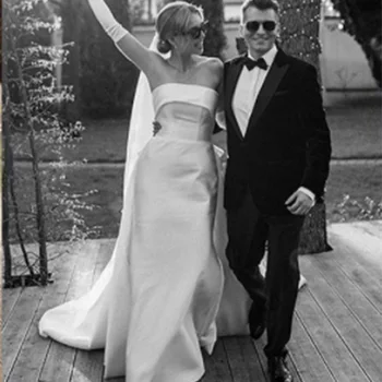 Avıana Straplez Kapalı Omuz düğün elbisesi 2023 Yay Kolsuz Backless A-Line Basit Saten gelin kıyafeti Vestido De Noiva