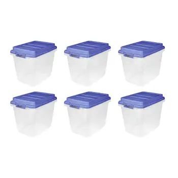 Ağır 32 Qt. Mavi Yüksek Katlı Kapaklı Şeffaf Plastik Saklama Kutusu, 6'lı Paket