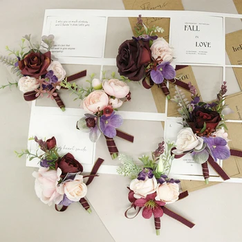 BAIFUMINGYI Bordo Aritifical Yaka Çiceği Çiçekler El Yapımı Gelin Aksesuarları Damat Nedime Korsaj Tanık Düğün