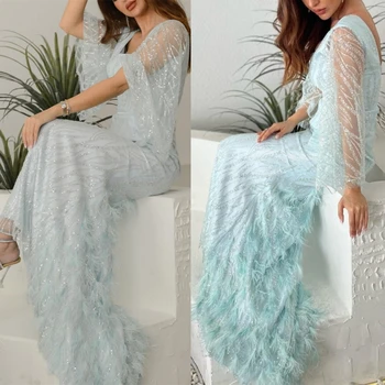 Balo kıyafetleri Zarif Kare Mermaid Parti Elbise Kat Uzunluk Uzun Kollu Tüyler Pullu Saten Örgün Abiye giyim 칵테테드스스
