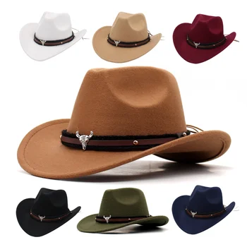 Batı Siyah kovboy şapkası Caz Şövalye Şapka Erkekler İçin Etnik Tarzı keçe şapkalar Boğa Şekilli Dekor Otlak Ülke Şapka sombrero