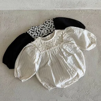 Bebek Dantel Prenses Bodysuit Retro Yenidoğan Bebek Kız Uzun Kollu Pamuklu Tulum Bahar Katı Elbise Yaşındaki Doğum Günü Elbise