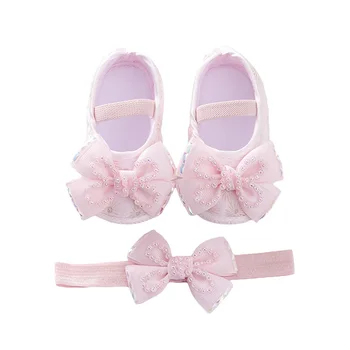 Bebek Kız Mary Jane Flats Boncuklu Yay Sevimli Prenses Ayakkabı Elbise Katı Şık yürüyüş ayakkabısı ve Kafa Bandı Yenidoğan Bebek Yürüyor
