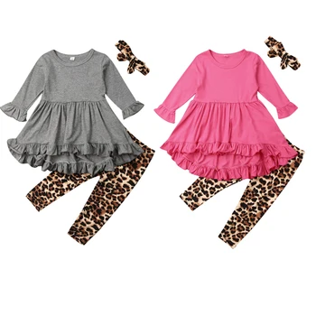 Bebek Kız giyim setleri Düz Renk Fırfır Üstleri Leopar Pantolon Tayt Kafa Bandı 1-5Y Yürüyor Çocuk Çocuk Bahar Güz Kıyafetler