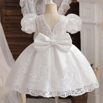 Bebek yayı Doğum Günü Prenses Elbise Zarif Kız Nakış Çiçek Boncuklu Beyaz Vaftiz Tutu Elbise Çocuklar Resmi Akşam Parti Kostüm