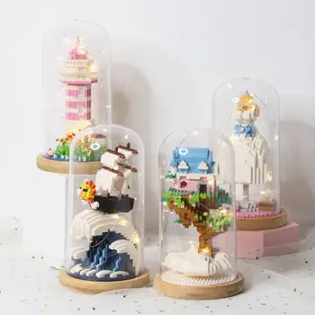 Bin Suny Mikro Yapı Taşları düğün elbisesi Deniz Feneri Ağaç Ev Mini tuğla oyuncaklar Çocuklar İçin Ekran Kutusu İle led ışık