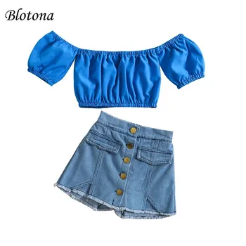Blotona Küçük Kızlar Culottes Takım Elbise, Kısa Kollu Tekne Yaka Kırpma Üstleri + Denim Düz Renk Düğmeleri Pantolon Etek Şort 3-8Years