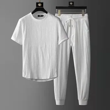 Buz İpek Takım Elbise Erkekler 2023 Yeni yazlık t-shirt + Pantolon İki Adet Set İnce Rahat spor elbise Erkek Moda Sweatpants Seti Artı Boyutu