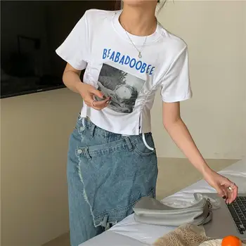 CGC Moda Kore Tarzı T - Shirt Kadınlar İçin Yaz Kısa Kollu y2k Kırpma Üst %100 % Pamuk Tees İnce kısa tişört Kadın Giyim