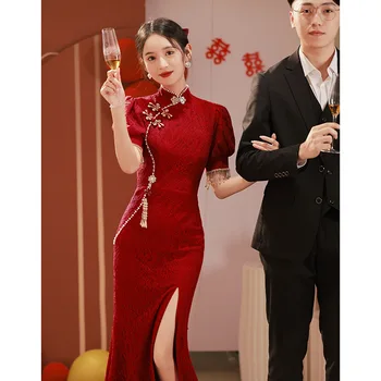 Cheongsam Tost Elbiseler Bordo Çin düğün elbisesi Kadın Yaz İnce Fishtail Dantel Nişan Elbise 2023 Geleneksel Qipao