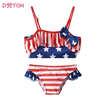 DXTON Kızlar 2 adet Mayo Takım Elbise Çocuklar Bayrak Baskı Yıldız Şerit Mayo Çocuk Bikini Setleri Yaz Beachwear mayo