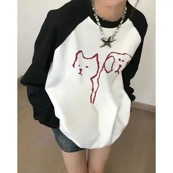 Deeptown Amerikan Retro Patchwork kadın T-Shirt Y2k Grafik Baskı Uzun Kollu Üstleri Kore Moda Kpop Büyük Boy Casual Tees