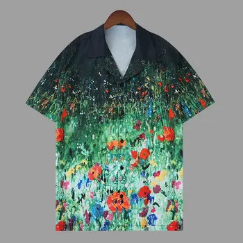 Degrade Yeni Pembe Çiçek Gömlek Kısa Kollu Casual Erkek Gömlek Streetwear Yaz Nefes Camisa Moda Masculina Gömlek