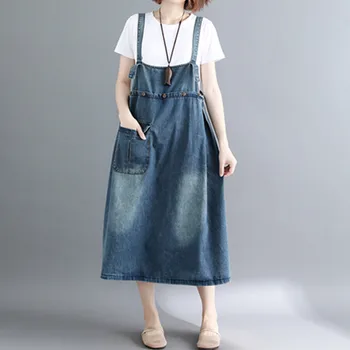 Denim Gevşek Elbise Kadın İlkbahar Yaz Vintage Elbise Katı Cep Moda Rahat Mavi Elbise Midi Vestido Jean Elbiseler