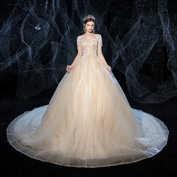 Düğün elbisesi 2021 Lüks Şampanya Sequins O-boyun Fırça Tren Lace Up Balo Prenses Gelinlikler Özel Boyut