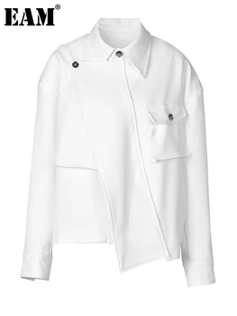 [EEM] Gevşek Fit Beyaz Düzensiz Büyük Boy Cepler Ceket Yeni Yaka Uzun Kollu Kadın Ceket Moda Bahar Sonbahar 2023 1DF7395