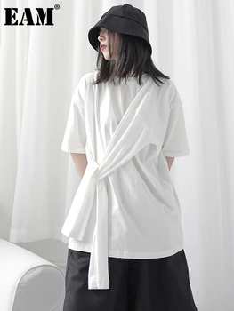 [EEM] Kadınlar Beyaz Kısa Bandaj Bölünmüş Büyük Boy T-shirt Yeni Yuvarlak Boyun Yarım Kollu Moda Gelgit Bahar Yaz 2023 1T700
