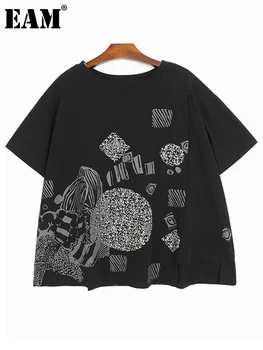 [EEM] Kadınlar Siyah Desen Baskılı Büyük Boy günlük t-shirt Yeni Yuvarlak Boyun Kısa Kollu Moda Gelgit Bahar Yaz 2023 1DF7217