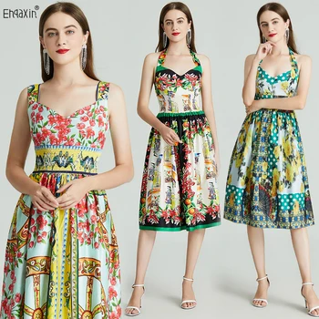 EHQAXIN 2023 Moda Yaz Vintage Parti Elbise Askısı Baskılı Yüksek Elastik Bel A-Line Diz Boyu Elbiseler Bayanlar İçin S-2XL