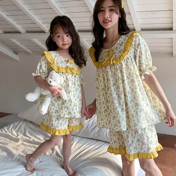 Ebeveyn-çocuk Ev Tekstili Anne ve Bebek Kız Geliyor Ev Kıyafeti Anne Kızı Eşit Pijama Kadın Yaz Pijama Çocuk Giyim Seti