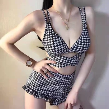 Ekose Mayo Bayanlar Kore 2023 Yeni Yıldız Aynı Yüzmek Bikini Hollow Out Çapraz Sapanlar Seksi Bikini Mayo Kadınlar Seksi Bikini Takım Elbise