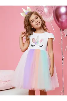 Ekru Unicorn Taç Kız çocuk Parti Elbise Kısa Kollu Yuvarlak Boyun Fermuarlı Kalın Krep Elbise Giyim
