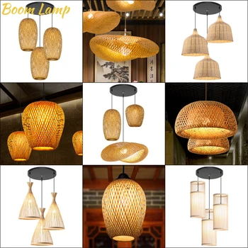 El yapımı bambu dokuma avize lamba klasik kolye ışık asılı LED tavan armatürleri Rattan dokuma ev yatak odası dekorları
