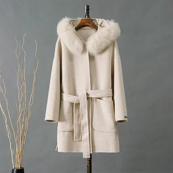 En moda 80/100 Gerçek Yün Gerçek Kürk Ceket Kış Ceket Kadınlar Doğal Tilki Kürk Yaka Büyük Boy Bayan Dış Giyim