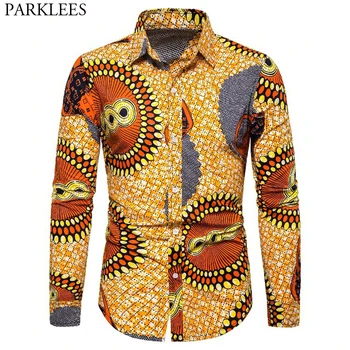 Erkek Afrika Baskı Elbise Gömlek Casual Düğme Aşağı Dashiki Uzun Kollu Gömlek Erkekler Riche Afrika Tribal Giyim Chemise Homme 3XL