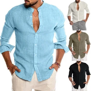 Erkek Casual Bluz Pamuk Keten Gömlek Gevşek Üstleri Uzun Kollu Tee Gömlek Bahar Sonbahar Rahat Yakışıklı Erkek Gömlek Yeni