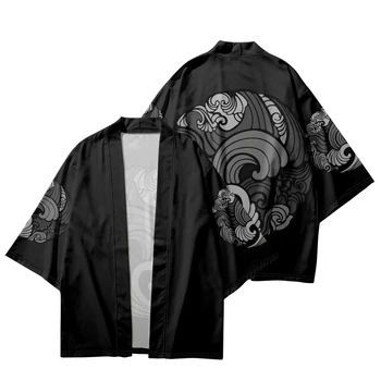 Erkek Kadın Hırka Büyük Boy asya kıyafetleri Yaz Plaj Japon Yukata Geleneksel Baskı Siyah Kimono Haori