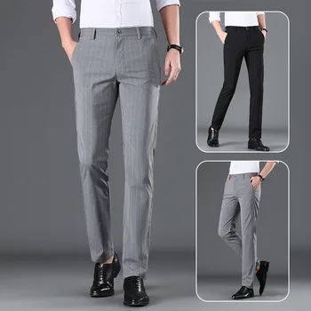 Erkek Pantolon Dikey Şerit Batı Hatları İş Slim Fit İnce Dipleri Rahat pantolon Uzun İnce Günlük Pantolon Erkekler İçin Gri Siyah