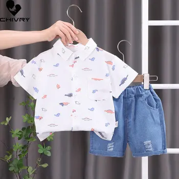 Erkek Yaz Giyim Takım Elbise Yeni 2023 Erkek Bebek Moda Kısa Kollu Yaka Karikatür Dinozor Gömlek Kot şort Giyim Setleri