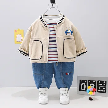Erkek bebek tasarımcı kıyafetleri Bahar Sonbahar Karikatür Fermuar Uzun Kollu Hırka Ceketler + Çizgili T-shirt + Kot Erkek Kıyafet Seti