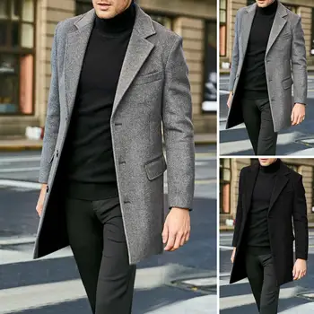 Erkekler Kış Düz Renk Takım Elbise Ceket Yaka Uzun Kollu Flap Cepler Tek göğüslü Orta uzunlukta Sıcak Ceket Palto
