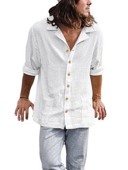 Erkekler Uzun Kollu Gömlek Düz Renk Gevşek Casual Düğme aşağı Üstleri Cepler ile Bahar Giysileri Plaj Streetwear