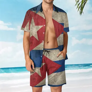 Eski Ve Yıpranmış Sıkıntılı Vintage Küba Bayrağı erkek Plaj Takım Elbise Yenilik 2 Parça Pantdress Yüksek Dereceli Ev Eur Boyutu