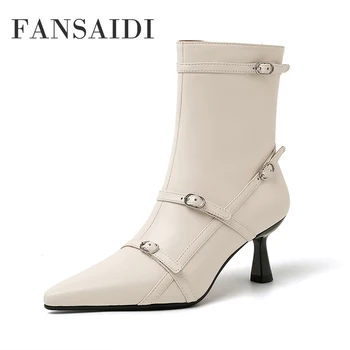 FANSAID Ayakkabı Kadın İçin 2023 Yeni Kış Moda 6.5 Stilettos Topuklu Çizmeler Fermuar Seksi Sivri Burun Toka yarım çizmeler Büyük Boy 40