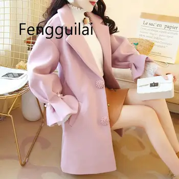 FENGGUILAI 2020 Kadın Ceket Giyim Kış Güzel Sıcak Yün Karışımları Kadın Zarif Parlama Kollu Boncuk Gevşek Yün Ceket