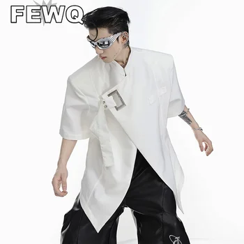 FEWQ erkek Hollow Out Şerit Gömlek Niş Yapısöküm Metal Omuz Pedi Kısa Kollu Üstleri Yüksek Sokak Çin Şık 9C764