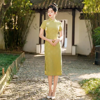 FZSLCYIYI Geleneksel Mandarin Yaka Jakarlı Saten Cheongsam Kadın Zarif Çin Kısa Kollu Diz Boyu Qipao Elbise