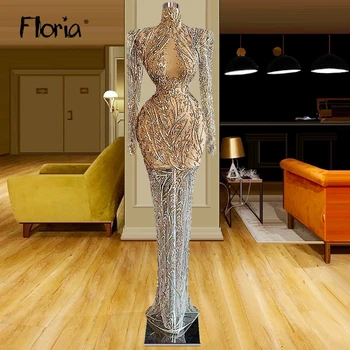 Floria Şampanya Mermaid resmi elbiseler Uzun Kollu Boncuklu Balo GownsCocktail Elbise 2023 See Through Parti Elbise Custom Made