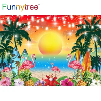 Funnytree Tropikal Günbatımı Plaj Tema Zemin Okyanus Yaz Tatil Ağacı Flamingo Meyve Bebek Duş Fotoğraf Arka Plan