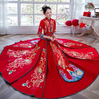 Geleneksel Mandarin Yaka Çift düğün elbisesi Gelin Vintage Zarif Phoenix Nakış Evlenmek Cheongsam Свадебное платье
