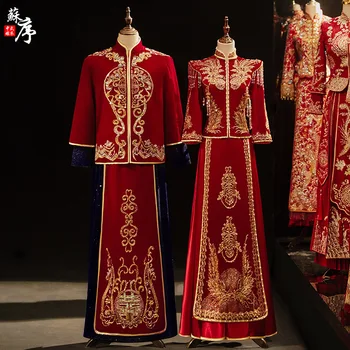 Geleneksel Töreni Kadife Tost Giyim Çin Tarzı Kadın Sequins Boncuk Nakış Püsküller düğün elbisesi